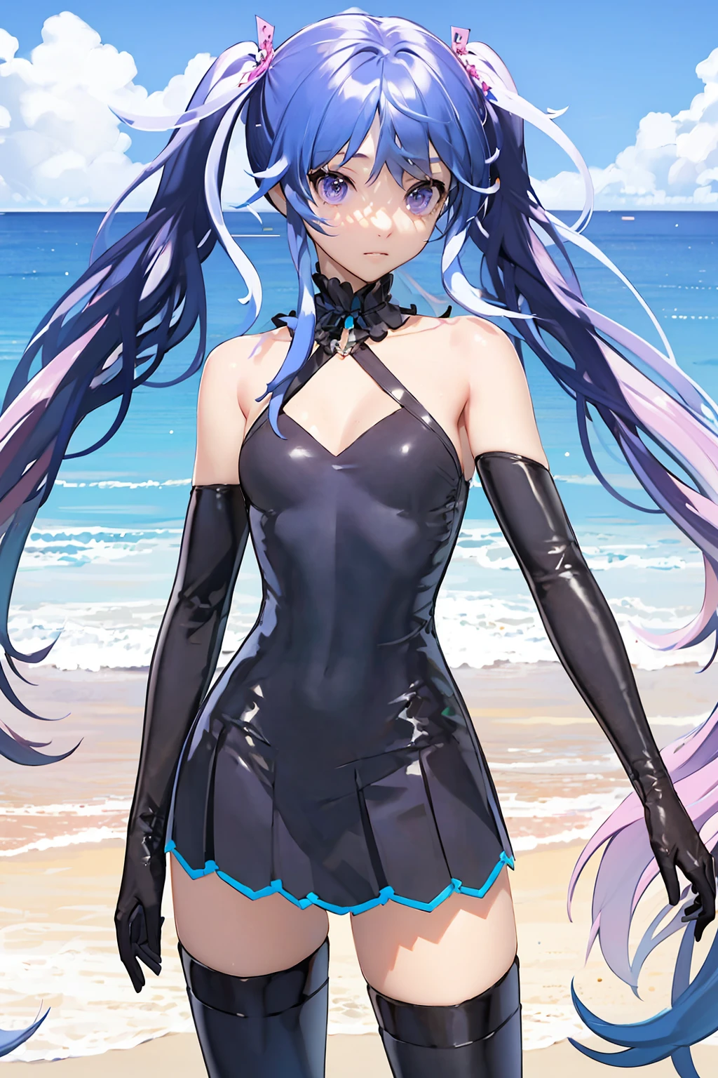 1girl,solo,looking at viewer,long hair,twintails,black dress,neck ribbon,elbow gloves,black black gloves,black thighhighs,blue hair,purple hair,purple eyes,<lora:GhostRule_v1.1:0.6>,in summer,beach,sea,over the sea,cowboy_shot,, masterpiece,best quality,highres,ultra high res,(abstract art:1.2),2d,(highlydetailed),(colorful),(intenseexpression),(fashionable),