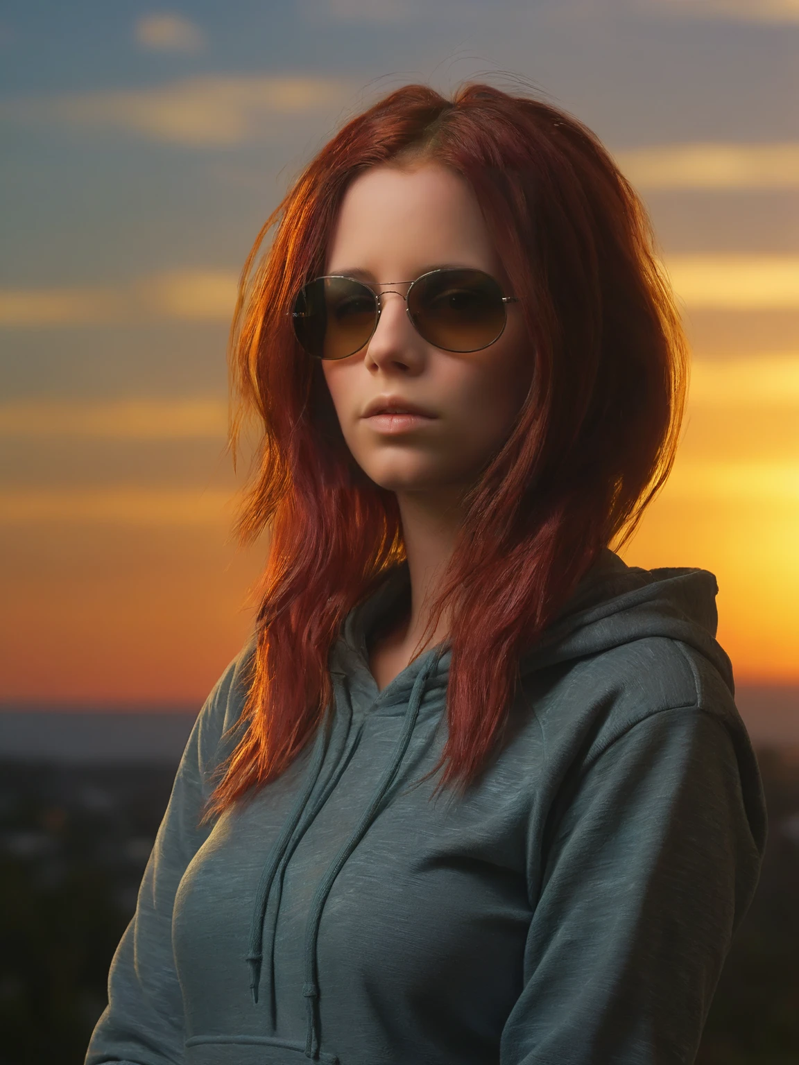 arielpiperfawn standing, wearing a hoodie and sunglasses with the sun setting behind her in the background. photorealistic. high-res. ultra realistic. 4k. highly detailed. hdr. dramatic lighting. award winning photography. trending on artstation, award winning photograph. highly detailed. vivid colors. sharp focus. intricate detail. photorealism. masterpiece. 8k <lora:ArielPiperFawnSDXL_v1.0-000001:1>