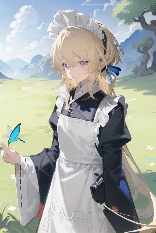 8kï¼ultra-detailed, illustration, (beautiful detailed eyes), beautiful, amazing,detailed eyes, (((masterpiece))),1girl,sidelocks,japanese_clothes, <lora:AN:1>, butterfly, bird, solo, bug, apron, blue butterfly, maid, long hair,flower, dress, blue eyes, grass, very long hair, cloud, white butterfly, day, maid headdress, outdoors, yellow butterfly, sky, blue sky, butterfly on hand, field, glowing butterfly, mountain, cloudy sky