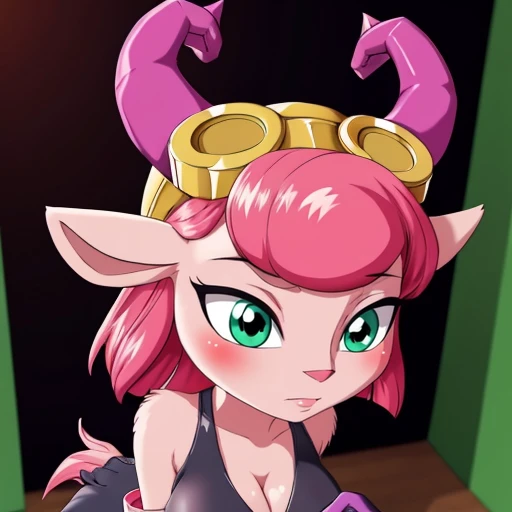 masterpiece, Highest Quality, Highest Resolution, perfect background, perfect perspective, sharp image, perfect details, perfect lighting, perfect shadows, Perfect lighting, Best background,
perfect anime, 1girl, splat, furry female, horns, green eyes, gloves, animal ears, pink fur, pink skin, hooves, pointy ears, goggles on head, pink hair, animal nose, tuxedo, in office, blush, deepcleavage, medium breasts, adult, breasts focus, standing,