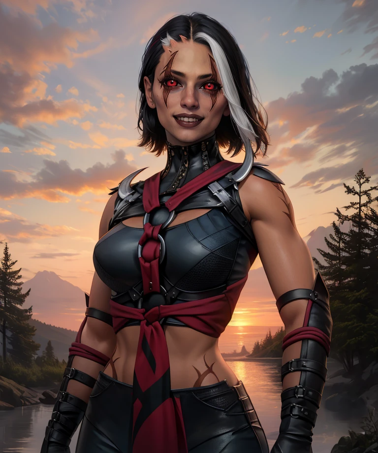 sareenamk1,red eyes,black sclera,(two-tone hair,white streaked hair,)bangs,scar,
black crop top,o-ring,gloves,midriff,cleavage,
standing,upper body,smile,
red sky,woods,
(insanely detailed, beautiful detailed face, masterpiece, best quality),<lora:sareenamk1:0.9>,