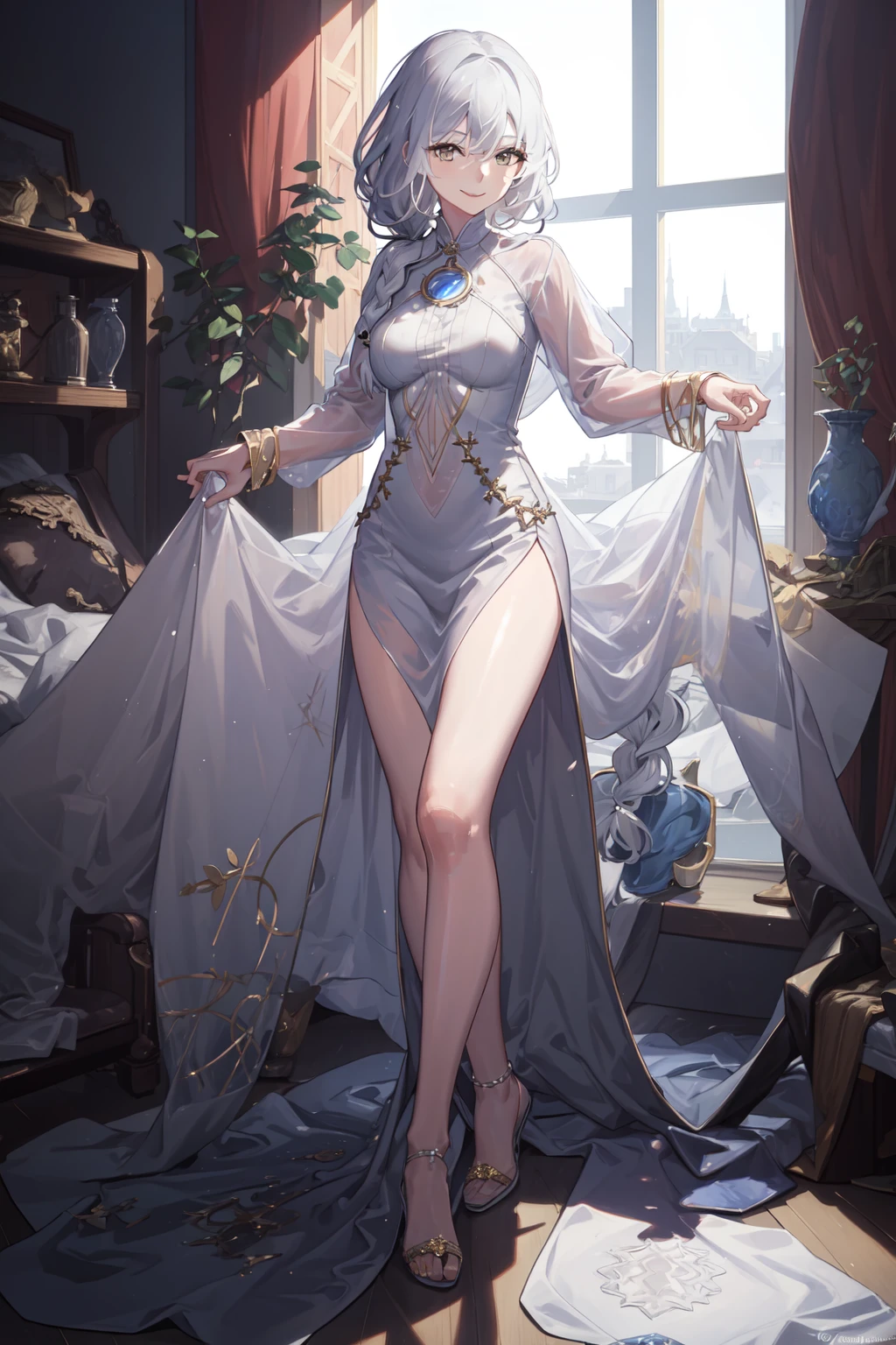 masterpiece, best quality,1girl,solo,EOS,braid, white hair, clothes lift, light smile, full body,