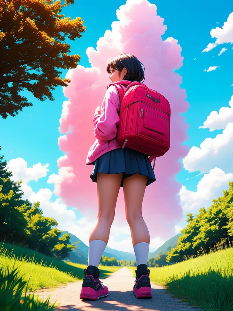 1girl, solo, red backpack, outdoor, shoes, mountain, sky, trees, clouds, pink theme, standing, back, blue sky, day, pink jacket, colorful stockings, building, sneakers