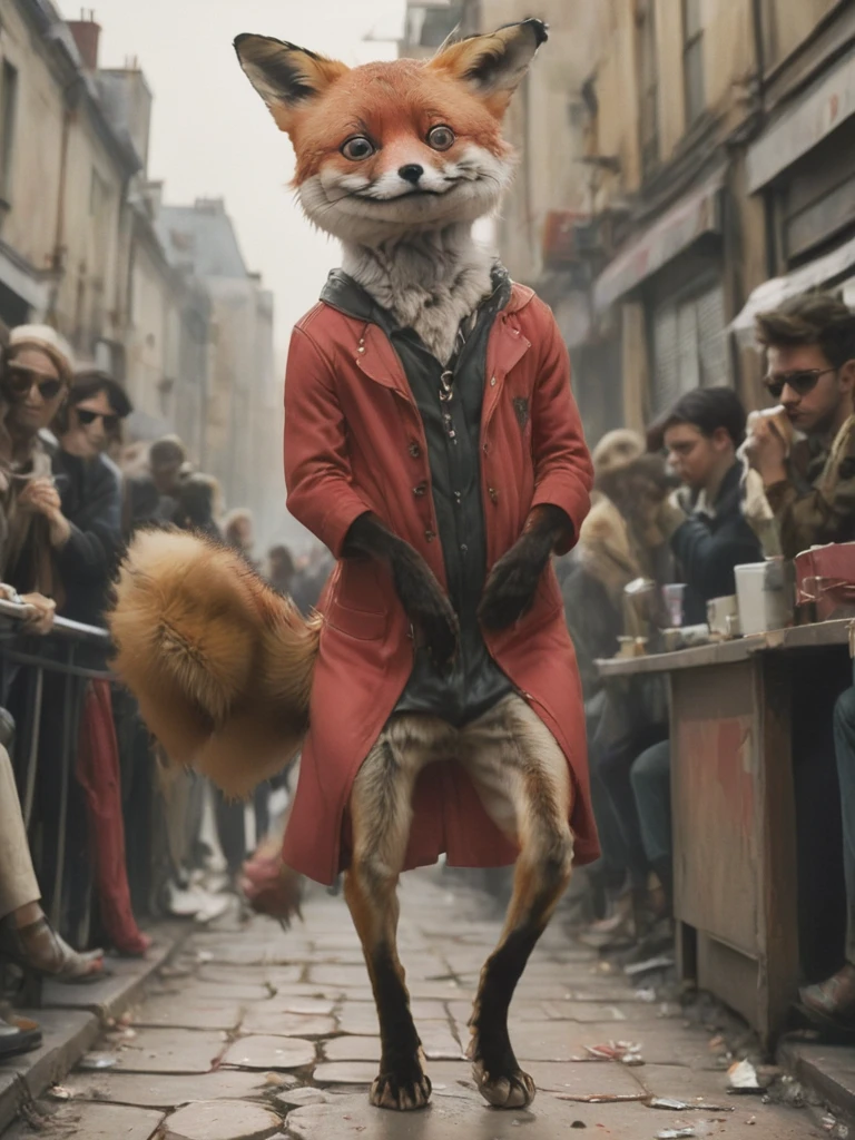 oil painting, sad (side-view:1.1) wide angle shot, low exposure, muted colors, a stnerfx new modern outfit wearing fox wearing clothes and red glasses is awkwardly prancing on a fancy catwalk fashion show that sells designer junk that makes poor people thing they look rich, by Balenciaga and Gucci and louis vuitton, depp shadows, captivating, perfect composition, <lora:- SDXL - stnerfx _Stoned_Fox_Style_V4.0:.8>