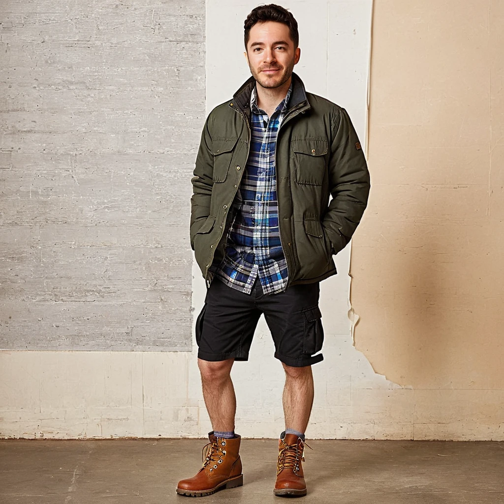 (RAW photo:1.4), (realistic:1.4) BREAK
<lora:jordan_maron:0.9> jordan maron BREAK
looking at viewer, smirk BREAK
puffer jacket, plaid flannel shirt, cargo shorts, work boots