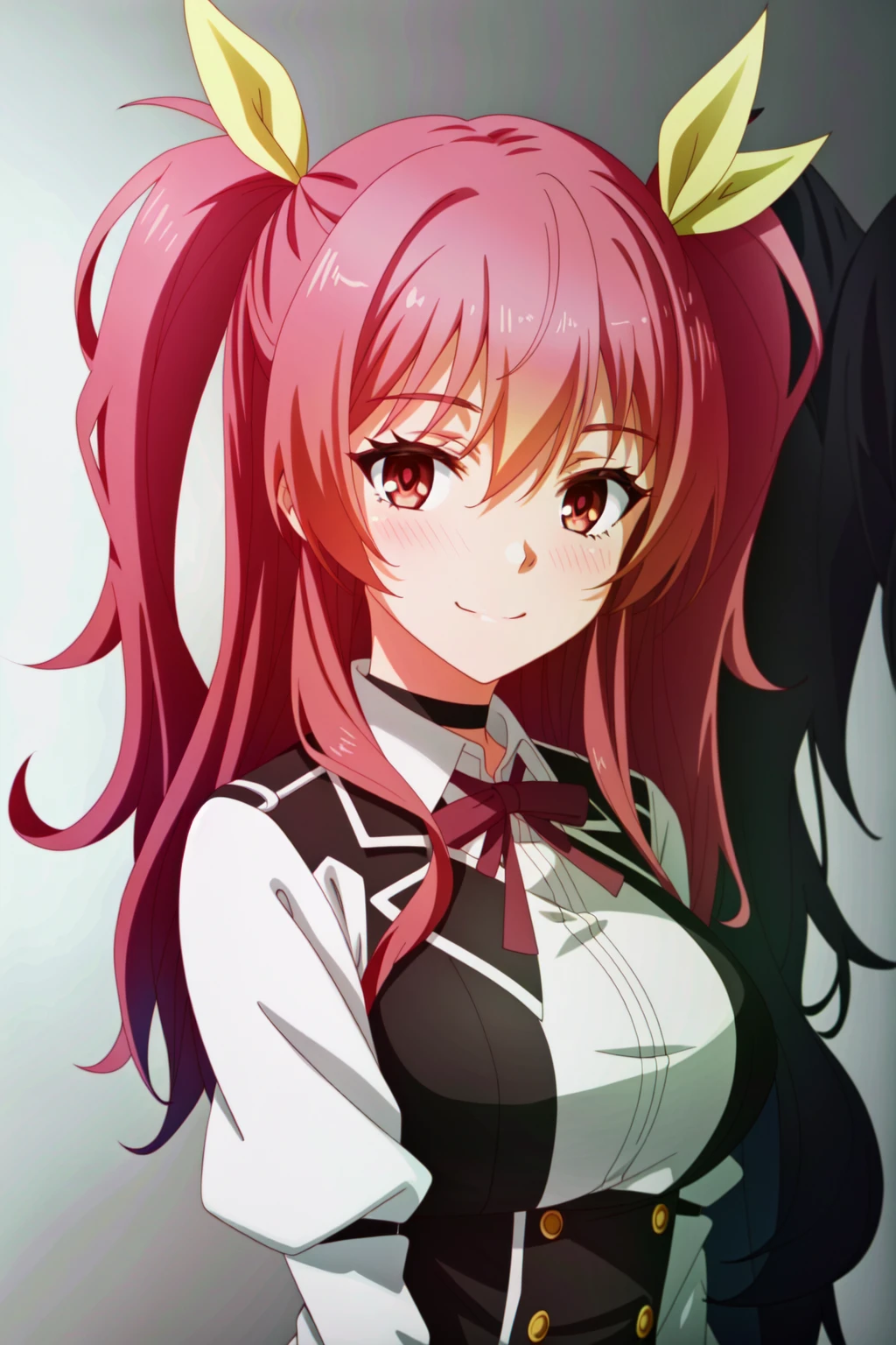 (anime coloring),(masterpiece),(best quality),(ultra-detailed),(best illustration),(best shadow),(absurdres),(detailed background), <lora:OGT_Stella_Vermillion-v2:0.7> Stella Vermillion, 1girl, red hair, solo, smile, red eyes, two side up, hair ribbon, blush, choker, medium breast, looking at viewer, long hair, closed mouth, upper body