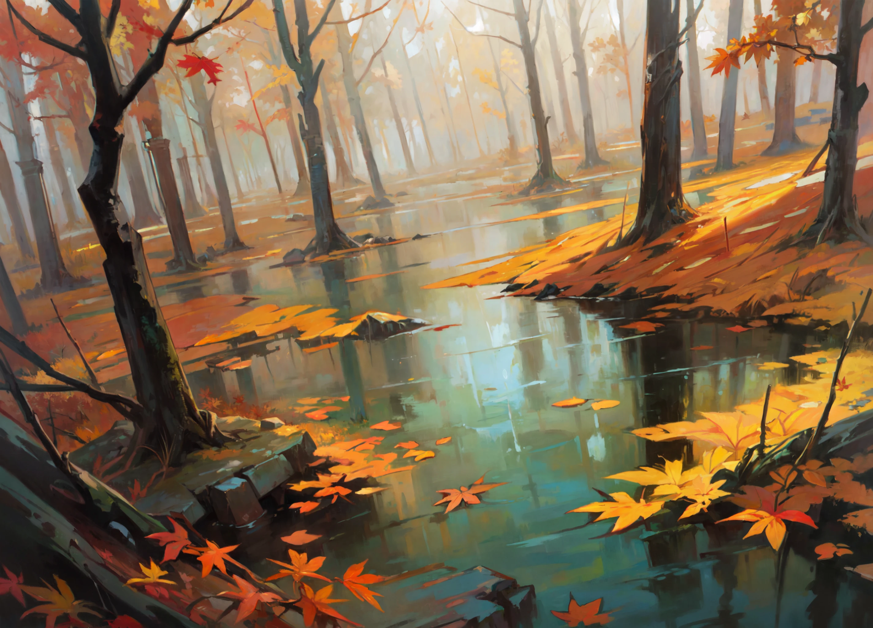 (masterpiece, best quality, ultra detailed, beautiful illustration), (oil painting:1.4), atmospheric perspective, (autumn atmosphere, elaborate atmosphere:1.4), depth of field, a forest lake during autumn