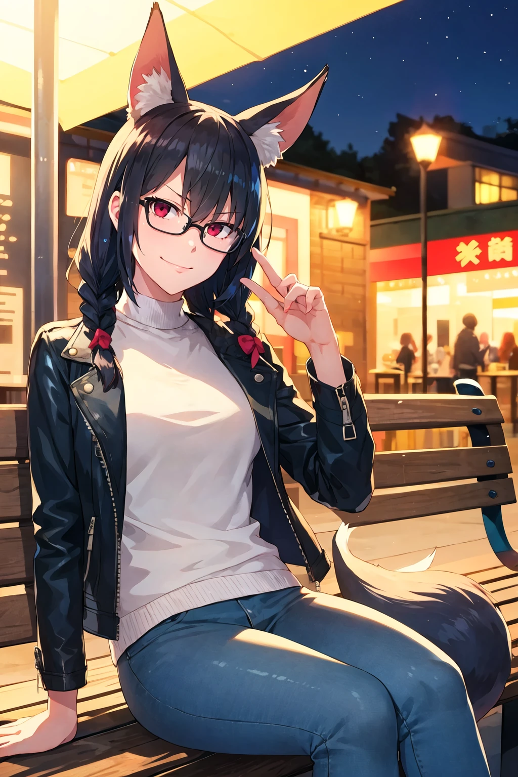 1girl, solo, sidelocks, twinbraids, (black hair), red eyes, smug, smirk, glasses, sitting, bench, partk, at night, long hair, white sweater, (leather jacket), (black jacket:1.2), fox girl, fox ears, fox tail, jeans, black tail, <lora:ReDrop style-final:1>