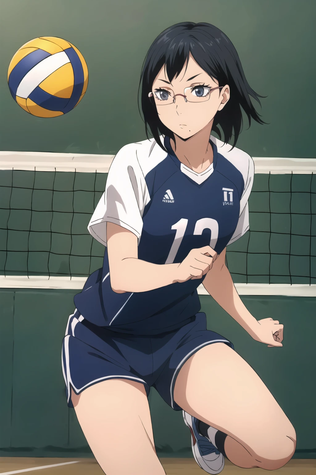 ((best quality)),((highly detailed)),masterpiece,absurdres,detailed face,beautiful face,(detailed eyes, deep eyes),(1girl),((dynamic pose)), <lora:KiyokoV1:0.6>,Kiyoko, 1girl, solo, glasses, black hair, mole, mole under mouth, grey eyes, bow, short hair,volleyball game, sporty attire (volleyball outfit: shorts, jersey), net in the background, dynamic pose, focused expression, spirited gameplay, sunny weather, detailed face, athletic prowess