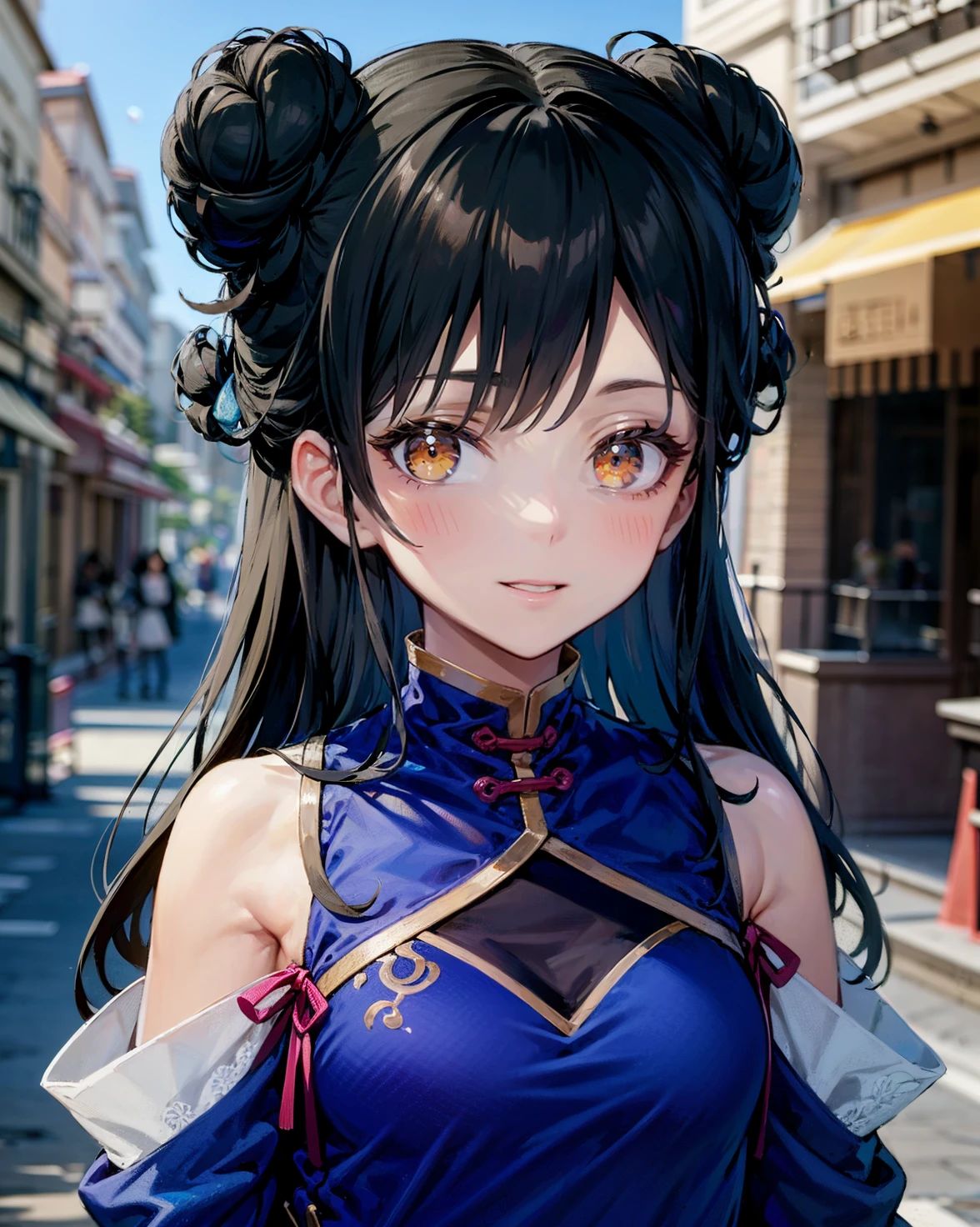(best quality, masterpiece:1.2), illustration, absurdres,
(1girl, solo, beautiful detailed girl), (upper body, portrait),
<lora:Ashen:0.9>, Ashen Lu, orange eyes, black hair, long hair, braided buns, small breasts,
chinese clothes, china dress, blue dress, red shoes, red ribbons,
chinese architecture, chinese theme, outdoor, street, sky, buildings
looking at viewer, happy,