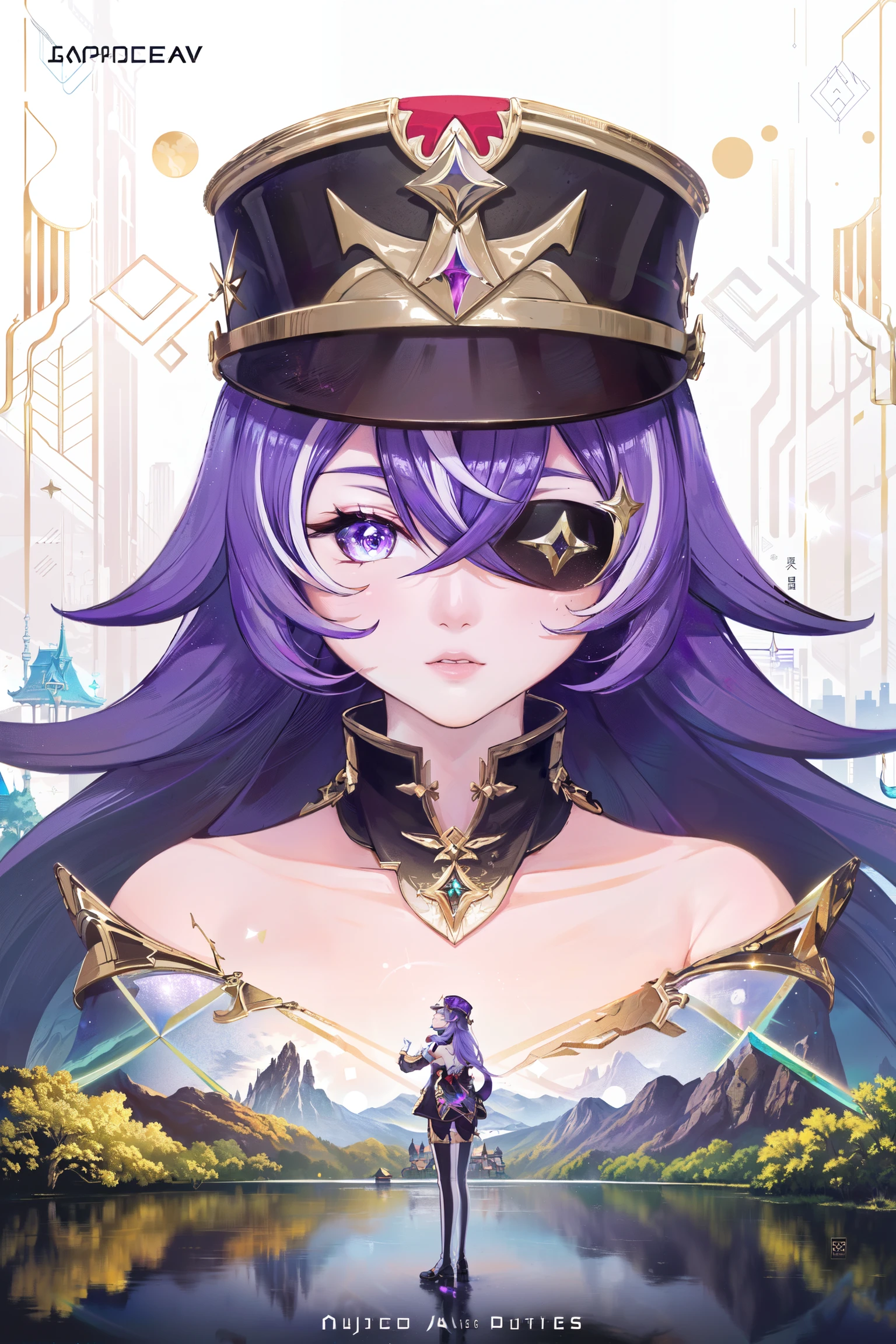 simple_white_background, golden and white theme, Sense of coordination, sense of order, mathematics beauty, (((cover design))), (((((cover art))))), ((trim)), album_art, official art, (Master's work), full body, ( closeup, 1girl,solo:1.2),
<lora:xiawolei-v100-000019:0.8:lbw=OUTALL>,xiawolei, 1girl, hat, long hair, purple hair, purple eyes, gloves, eyepatch, shako cap, thighhighs, thigh boots,
<lora:AkramBham:0.5>, 1girl, solo, parted lips, looking at viewer, floating hair, long hair, portrait, bangs, collarbone, scenery,
magic circle, star patterns, white geometry, colorful geometry, reflection, crystal_art, pattern_design, creative, Mystery pattern, colorful crystal decorate, blue crystal, (architectural art), ((geometric art)), pattern design, creative, shine, dream,
cute rabbits, so many candys, so many sweets, magic word,
------,
Low saturation, grand masterpiece, Perfect composition, film light, light art,
<lora:nai3lora-000012-5kmd:0.7>, <lora:bz_v3-000003:0.5>, <lora:bigcar2-v100-000011:0.4>,