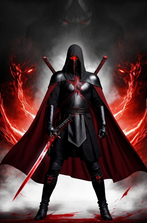 full body warrior of darkness in black cloth armor clad in shadow dark mist has red eyes with a thing red mist running from the side of his eyes upwards masked face wielding a stylized katana angrey look blood stained cape right shoulder on black fire hyper realistic