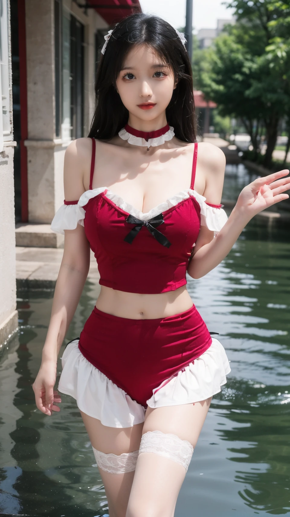 best quality,HDR,UHD,8K,Vivid Colors,solo,front mirror,photo_,(medium),cute & girly,(1girl:1.3),(standing:1.3),wet,outdoors,(evening:1.2),(looking at viewer:1.4),rc,dress,midriff,off shoulder,Elegant,Angelic,detailed gorgeous face,<lora:rc46:0.75>, rc,