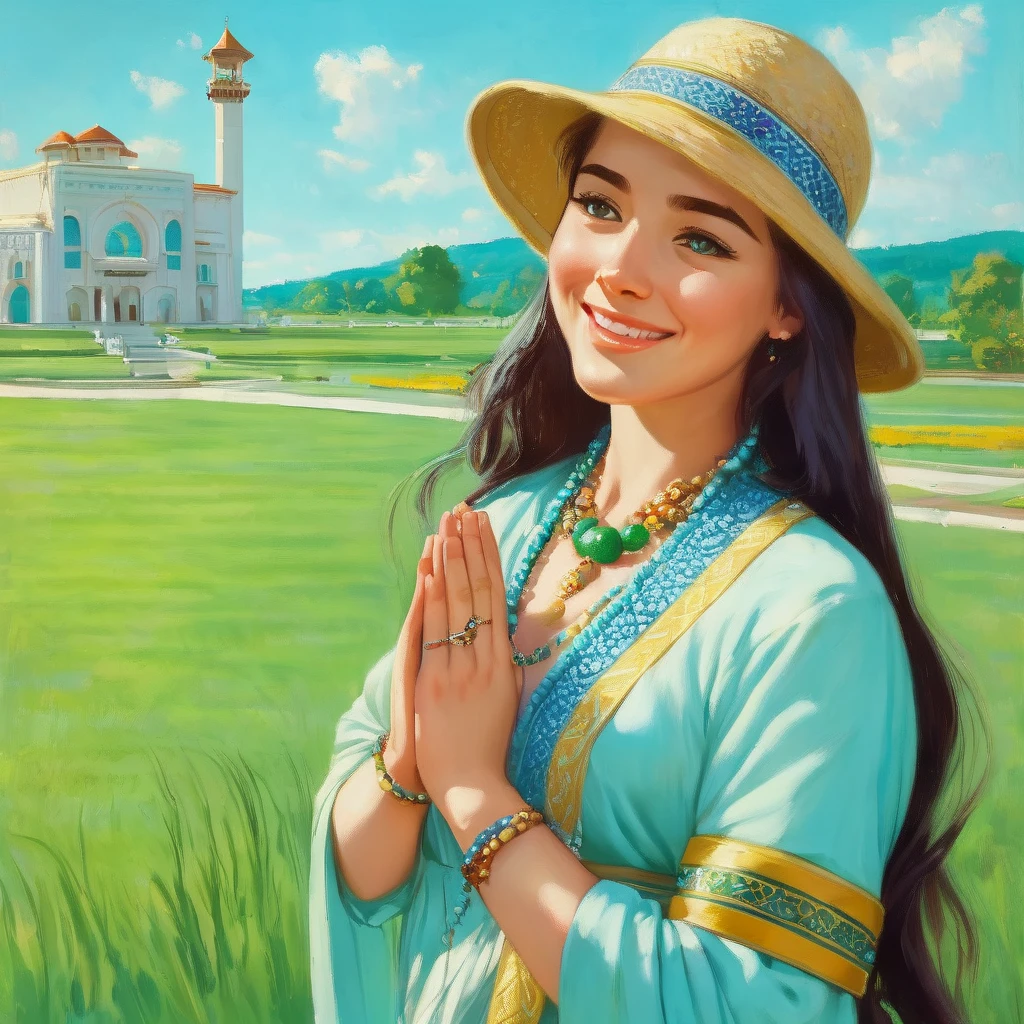 masterpiece,best quality,illustration,beautiful detailed girl, highres,1girl,nice hands, perfect hands, ,aqua hair,hat,necklace,wristband,dress,pants,jewelry,prayer beads,footwear,low-tied long hair,full body,standing,smile,grass,blue sky,vintage_p_style <lora:VintagePPXL:1>, ((perfect eyes, detailed eyes,realistic eyes)), ((sharp face, detailed face, realistic face, naturtal skin, realistic skin, detailed skin, pores))