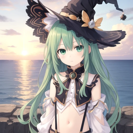 ((masterpiece)),(best quality),official art,extremely detailed CG,unity 8k wallpaper,ultra detailed,A lighthouse on a cliff by the sea,1girl,solo,upper body,(portrait:1.2),looking at viewer,natsumi (date a live),messy long hair,petite,long hair,hat,witch hat,striped,green eyes,green hair,thighhighs,navel,suspenders,socks,very long hair,shorts,<lora:Natsumi(dal)>,<lora:TSNeptunia-000045:0.5>,