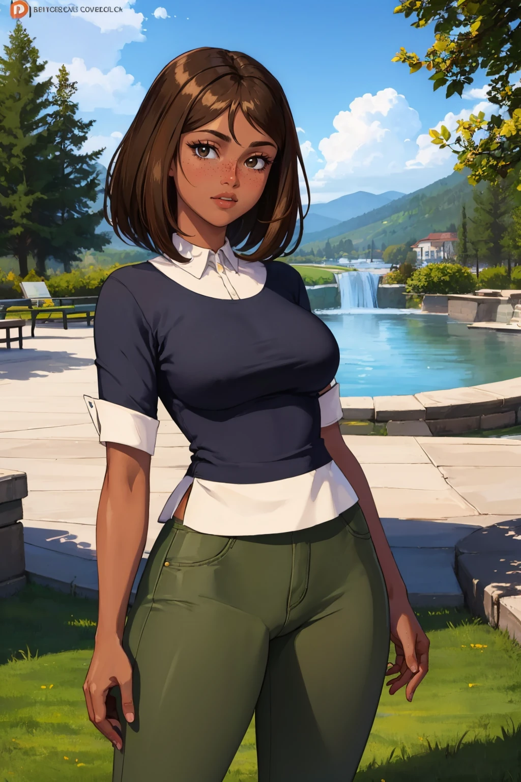 (masterpiece, best quality:1.2), <lora:courtneytd:1>, courtneytd, 1girl, solo, looking at viewer, breasts, pants, shirt, freckles, dark skin, outdoors, standing,