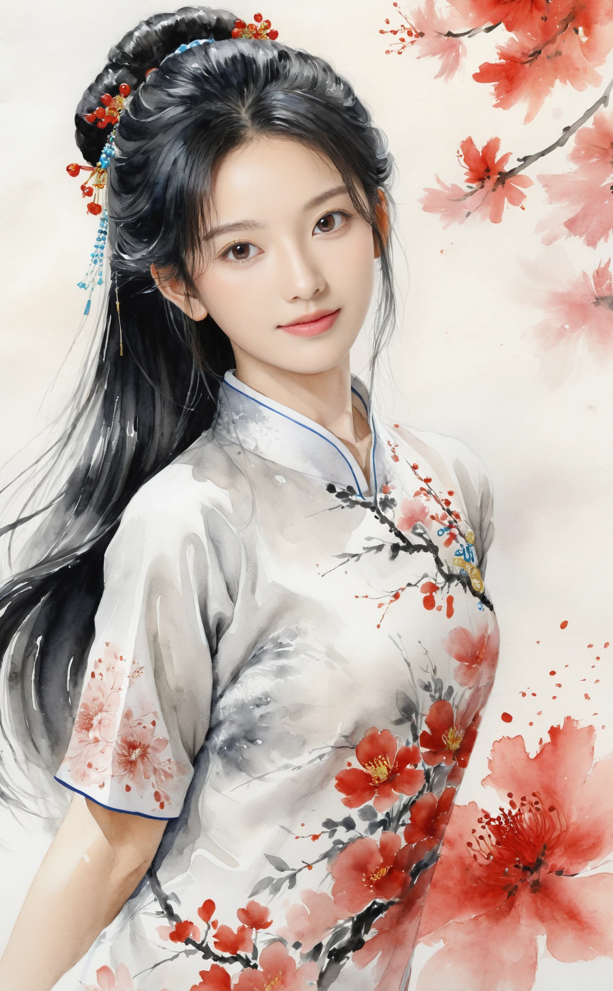 (full body)(best detailed girl),(1girl),(black hair),(solo),((extremely detailed)),((detailed face)),((((ink painting)))),illustration,((Chinese ink painting)),(((masterpiece))),(((best quality))),((((Ink dyeing)))),(((Watercolor))),((Chinese Brush Painting)),(((extremely delicate and beautiful girls)))),ultra-detailed,(((beautiful detailed eyes))),(cheongsam),(Chinese style),((red ink)),smile,ink background,long hair,beautiful detailed eyes,beautiful detailed hair,petals,(((soaked))),((((floating hair)))),(((The character is in the center of the frame))),(((flowing))),