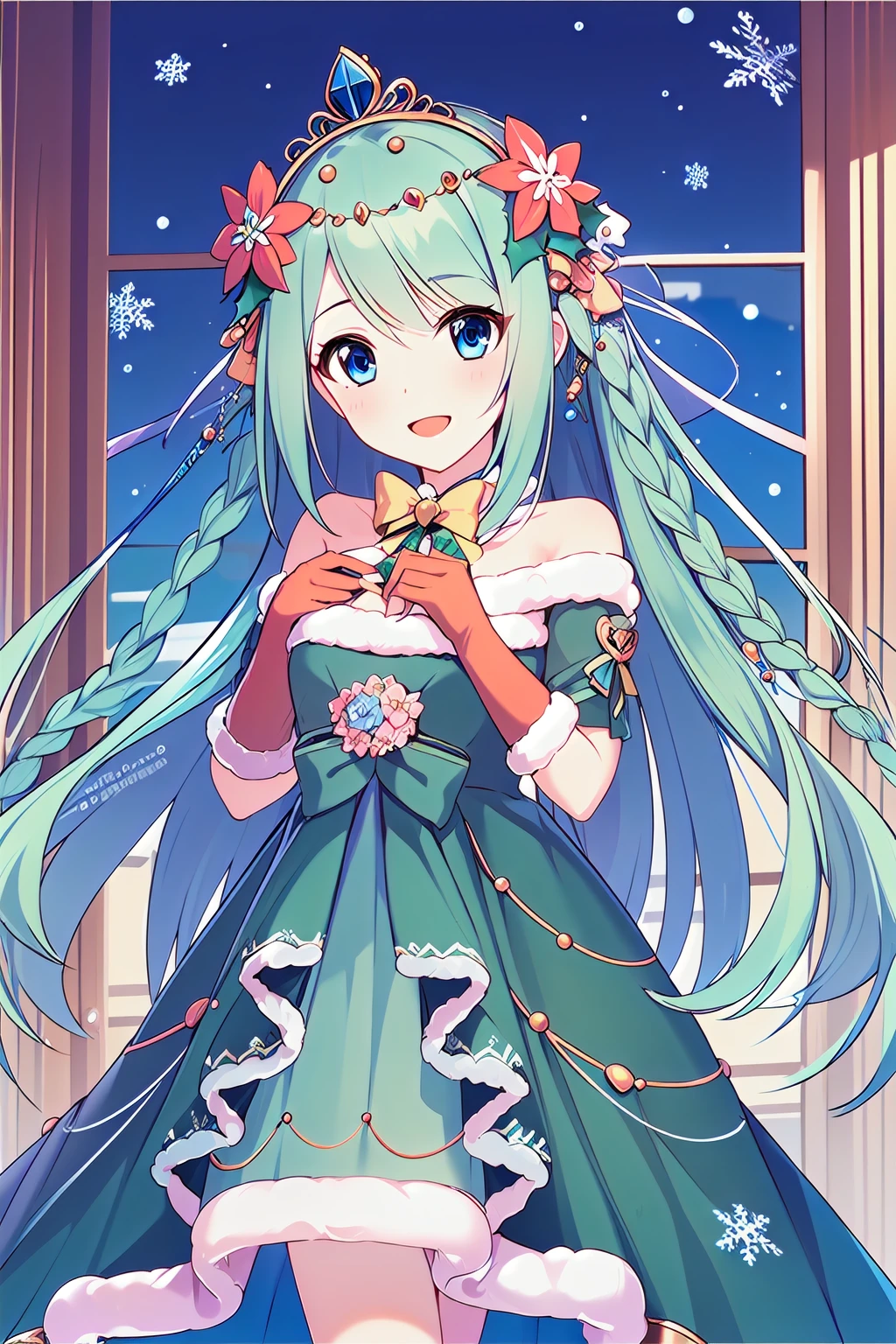 (masterpiece:1.3),(best quality:1.3),<lora:chika:0.7>,<lora:pcr-L:0.3>,:d,, chikaChristmas,dress,long hair,gloves,blue eyes,hair ornament,green hair,fur trim,braid,flower,ribbon,tiara,blue hair,jewelry,hair flower,very long hair,christmas,