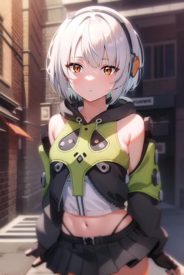 anbydemara, <lora:anby demara-lora-nochekaiser:1>,
anby demara, (orange eyes:1.5), short hair, white hair,
BREAK bare shoulders, black gloves, black skirt, black thighhighs, fingerless gloves, gloves, green jacket, headphones, jacket, navel, skirt, stomach, thighhighs,
BREAK outdoors, city, sky, clouds, sun, buildings, crowd, people, alley,
BREAK looking at viewer, (cowboy shot:1.5),
BREAK <lyco:GoodHands-beta2:1>, (masterpiece:1.2), best quality, high resolution, unity 8k wallpaper, (illustration:0.8), (beautiful detailed eyes:1.6), extremely detailed face, perfect lighting, extremely detailed CG, (perfect hands, perfect anatomy),