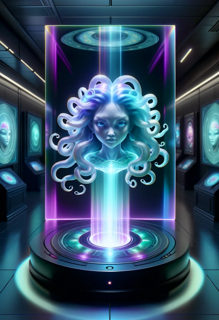 hyper detailed masterpiece, dynamic, awesome quality,hyperrealism,medusa, small stocky, illusive cute agile timeless unaging awesome fairytale creature , on a DonMH010D15pl4yXL holographic display <lora:DonMH010D15pl4yXL-000008:1>