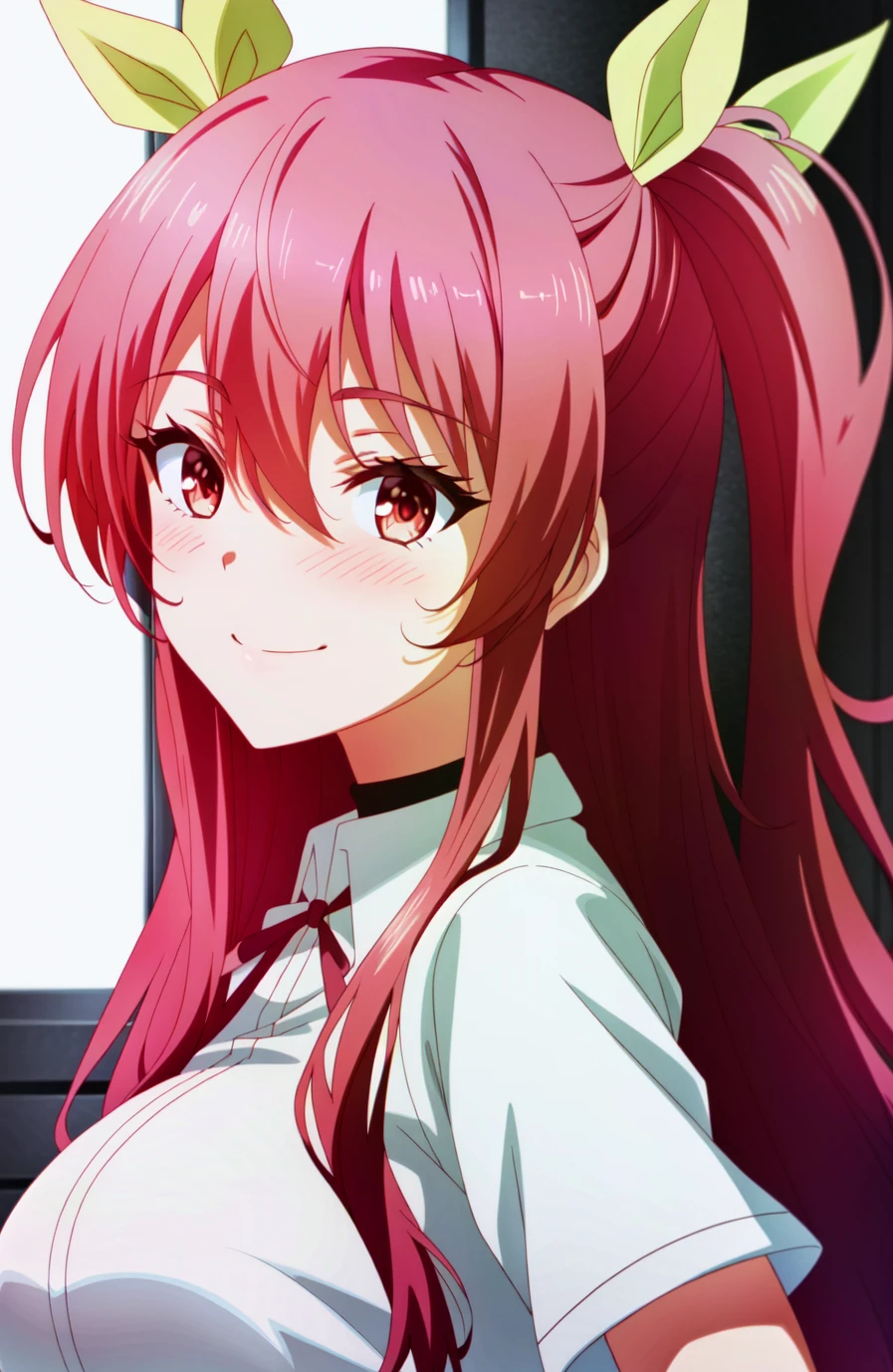 (anime coloring),(masterpiece),(best quality),(ultra-detailed),(best illustration),(best shadow),(absurdres),(detailed background), <lora:OGT_Stella_Vermillion-v2:0.7> Stella Vermillion, 1girl, red hair, solo, smile, red eyes, two side up, hair ribbon, blush, choker, medium breast, looking at viewer, long hair, closed mouth, upper body