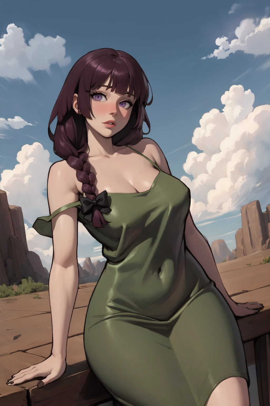 1girl, (solo:1.2), (cowboy shot:1.2), (looking at viewer:1.3),
<lora:Hiroi Kikuri [justTNP - v1.0]:1> hiroi kikuri, (blunt bangs:1.2), braid, hair over shoulder, long hair, hair bow, (purple hair:1.2), (purple eyes:1.2), (drunk), blush, large breasts, curvy, young female, bow, dress, black bow, (green dress:1.2), strap slip, no bra
BREAK <lora:Namespace [MockAi - v1.0]:0.95> namespaceartist, (western artstyle), smooth skin, soft shading, (cartoonish:1.2) facial expression, muted colors
BREAK intricate details, (masterpiece:1.3), (best quality:1.3), (perfect anatomy:1.4) BREAK, (beautiful white clouds:1.3), puffy clouds, white sky