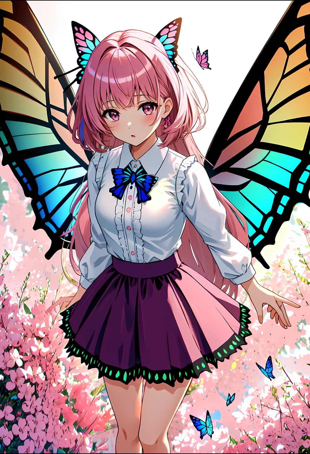 solo, girl, looking at viewer, half body, view from knees up, standing, standing straight, girl in full view, best quality, masterpiece, close up, small breasts, pink hair, butterfly, shirt, skirt, butterfly shoes, heels, wings, hands behind back, hands hidden, <lora:Butterfly_clothing:1>