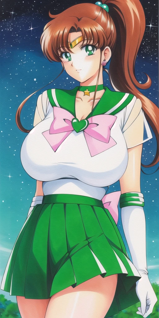 <lora:MakotoV1:0.7> kino_makoto, huge_breasts, standing, solo, White_leotard_Green_sailor_collar_Green_miniskirt_White_gloves_Star_choker_Pink_bowtie_Pink_back_bow_Circlet_Heart_brooch_See-through_sleeves, starry_sky,, masterpiece, best quality, detailed face, detailed eyes, highres,