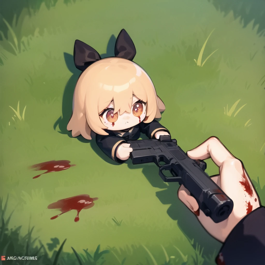 anzhcgodoacrime, from above, chibi, pov, holding gun, outdoors, grass, (blood on ground:1.2) <lora:AnzhcGoDoACrime2_118390:1>