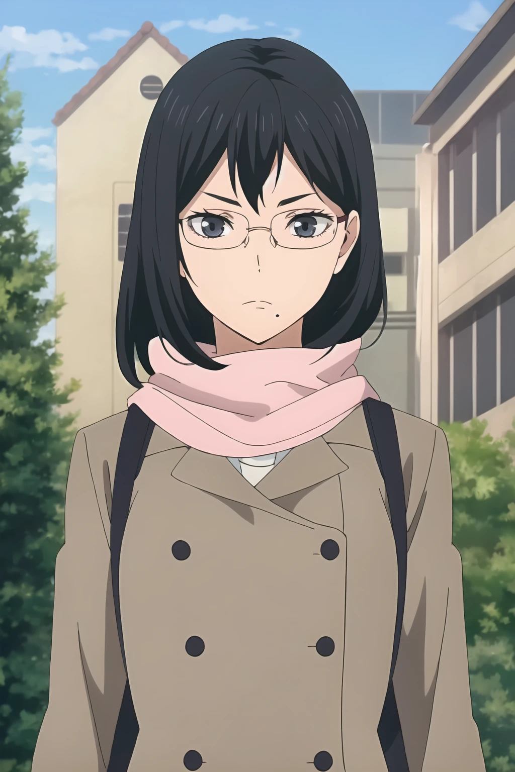 ((best quality)),((highly detailed)),masterpiece,absurdres,detailed face,beautiful face,(detailed eyes, deep eyes),(1girl),((dynamic pose)), <lora:KiyokoV1:0.6>,Kiyoko, 1girl, black hair, glasses, solo, grey eyes, mole, bag, mole under mouth, upper body, looking at viewer, long hair, scarf, mole under eye, outdoors, blurry, short hair, rimless eyewear, school uniform, closed mouth, frown