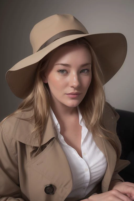 DEN_beth_lilyMK2,
a 1940s private investigator wearing a trench coat and rimmed hat sitting in a drab dank office at the desk using a typewriter, private investigator, 1940s,
bokeh, f1.4, 40mm, photorealistic, raw, 8k, textured skin, skin pores, intricate details <lora:epi_noiseoffset2:1>, epiCRealism <lora:ClothingAdjuster3:-1.0>