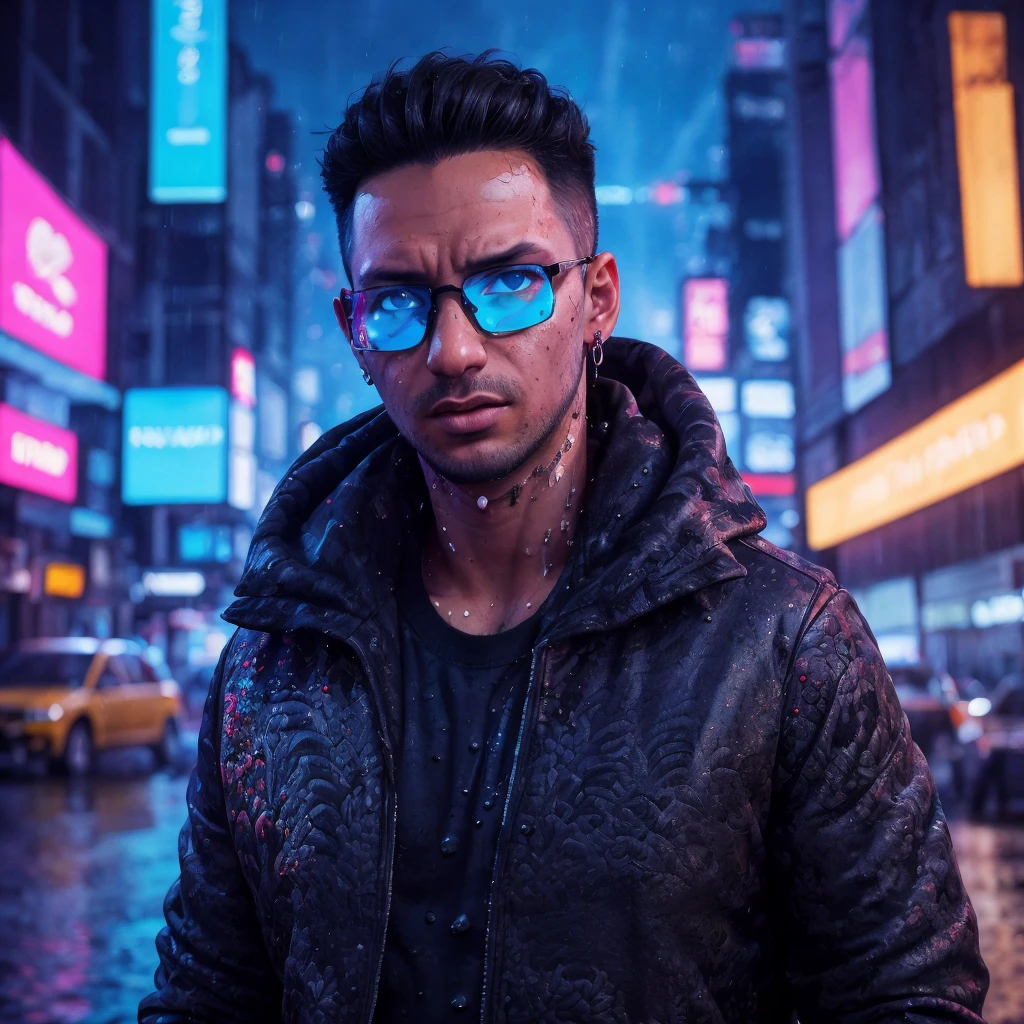 Zizan, a man, cyberpunk city hacker :: neon graffiti, augmented reality black frame glasses, hooded cloak :: rainy night :: Epic cinematic brilliant stunning intricate detailed matte painting, deep color, fantastical, intricate detail, splash screen, complementary colors, fantasy concept art, 8k resolution trending on Artstation, Unreal Engine 5