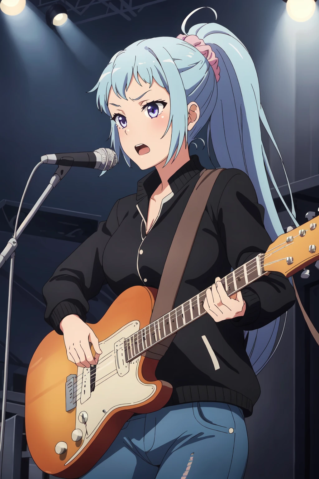 ((best quality)),((highly detailed)),masterpiece,absurdres,detailed face,beautiful face,(detailed eyes, deep eyes),(1girl),((dynamic pose)), 1girl, solo, <lora:SakiV1.4:0.6>,saki, ponytail, long hair, blue hair, purple eyes, pink scrunchie, on-stage performance, playing guitar, spotlight illumination, electrifying ambiance, stage presence, rocking outfit (black leather jacket, ripped jeans), vibrant stage lights, adoring audience, strumming rhythm, passionate expression, musical fervor, dynamic atmosphere, detailed face, euphoric energy, cowboy shot