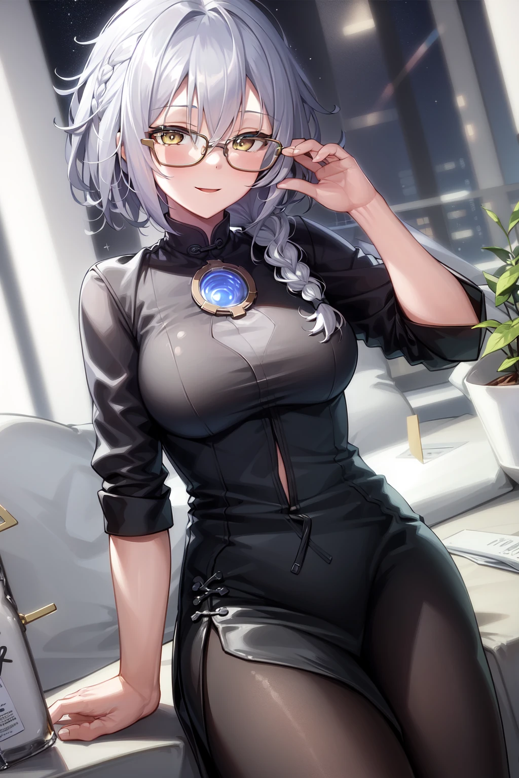 masterpiece, best quality,1girl,solo,EOS,braid, white hair, light smile, canyon,shooting star, half-closed eyes, glasses, office lady,