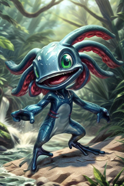 (((masterpiece, best quality))), digital painting, 8k, stunningly beautiful, highly detailed, depth of field, complex background, BREAK fizz_lol, (amphibian:0.5), solo, full body, tentacle_hair, gills, open mouth, (webbed feet:1.2), BREAK smooth skin, standing, river, waterfall <lora:Fizzv5:0.8> <lora:more_details:1>