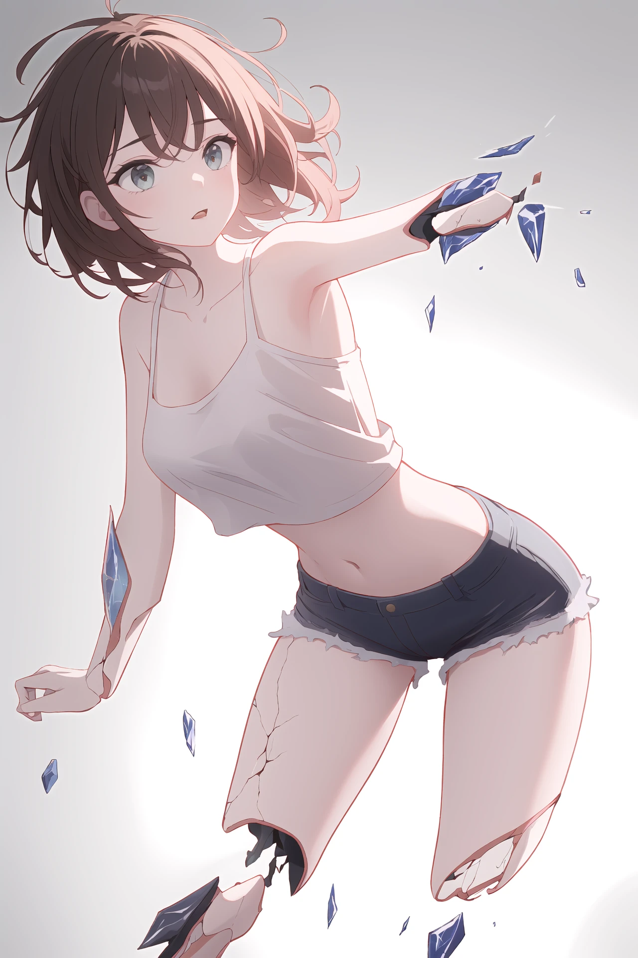 (best quality, masterpiece, highres),1girl,solo,messy hair,cutoffs,
<lora:broken crystal limb_v1.02zs:1>,crystal body,shards,broken limb,