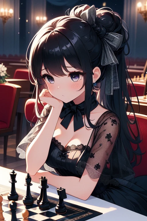 (((masterpiece))),  (((best quality))),  night,  exhibition,  auditorium,  solo,  1girl playing chess,  putting down chess piece,  large square chessboard on table,  scarf,  black lace dress,  cleavage,  big tits,  ribbon,  updo longhair,  petite figure proportion,  shy,  blush,  hand on table,<lora:EMS-257008-EMS:1.000000>