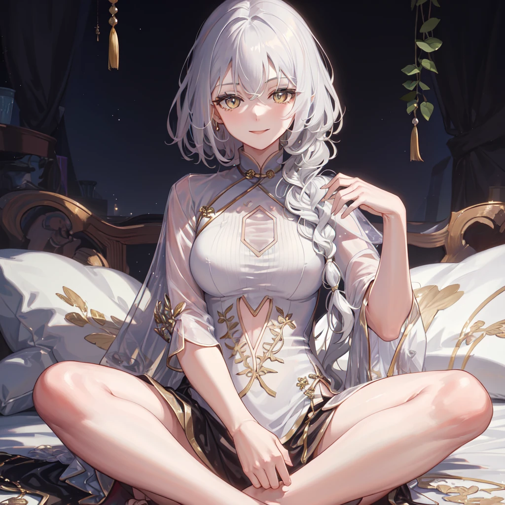 masterpiece, best quality,1girl,solo,EOS, chinese clothes,braid, white hair, indian style, light smile,