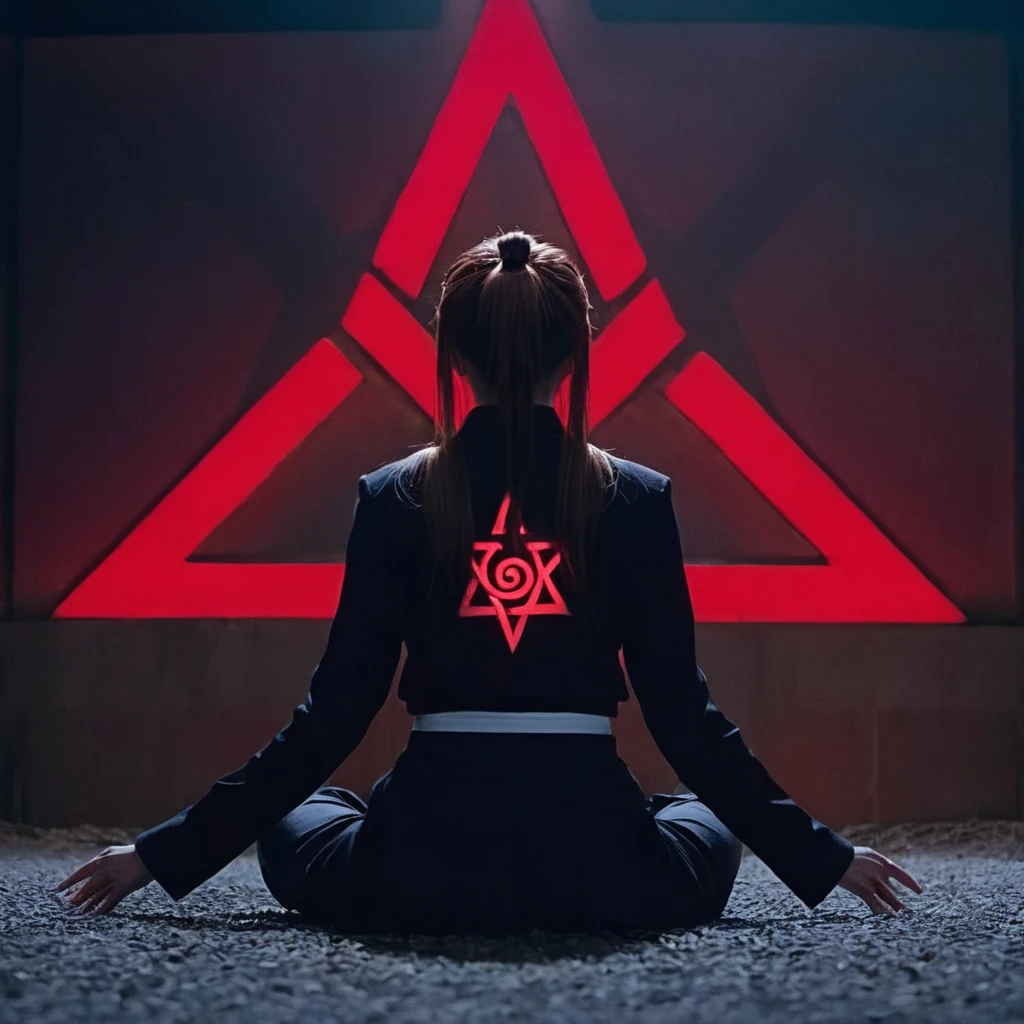 cinematic film still of  <lora:Kurumi Imari:1.5>
Kurumi Imari a full shot of a woman sitting on the ground with a red ritual pentagram sign behind, shallow depth of field, vignette, highly detailed, high budget, bokeh, cinemascope, moody, epic, gorgeous, film grain, grainy