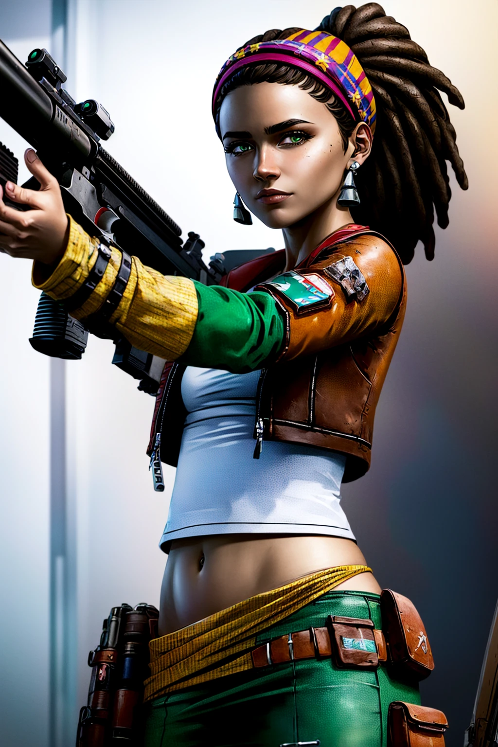 ((best quality)), ((masterpiece)), (detailed), <lora:SashaTFTB:0.8> sashatftb, headband, hairband, dreadlocks, green eyes, dark skin, 1girl, solo, jewelry, earrings, dark-skinned female, brown hair, pastoutfit, jacket, white crop top, midriff, navel, (rifle, holding rifle, aiming rifle at viewer:1.3), upper body