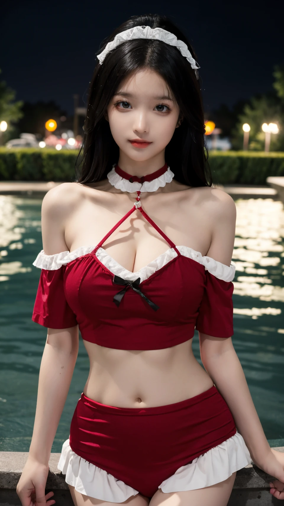 best quality,HDR,UHD,8K,Vivid Colors,solo,front mirror,photo_,(medium),cute & girly,(1girl:1.3),(standing:1.3),wet,outdoors,(evening:1.2),(looking at viewer:1.4),rc,dress,midriff,off shoulder,Elegant,Angelic,detailed gorgeous face,<lora:rc46:0.75>, rc,