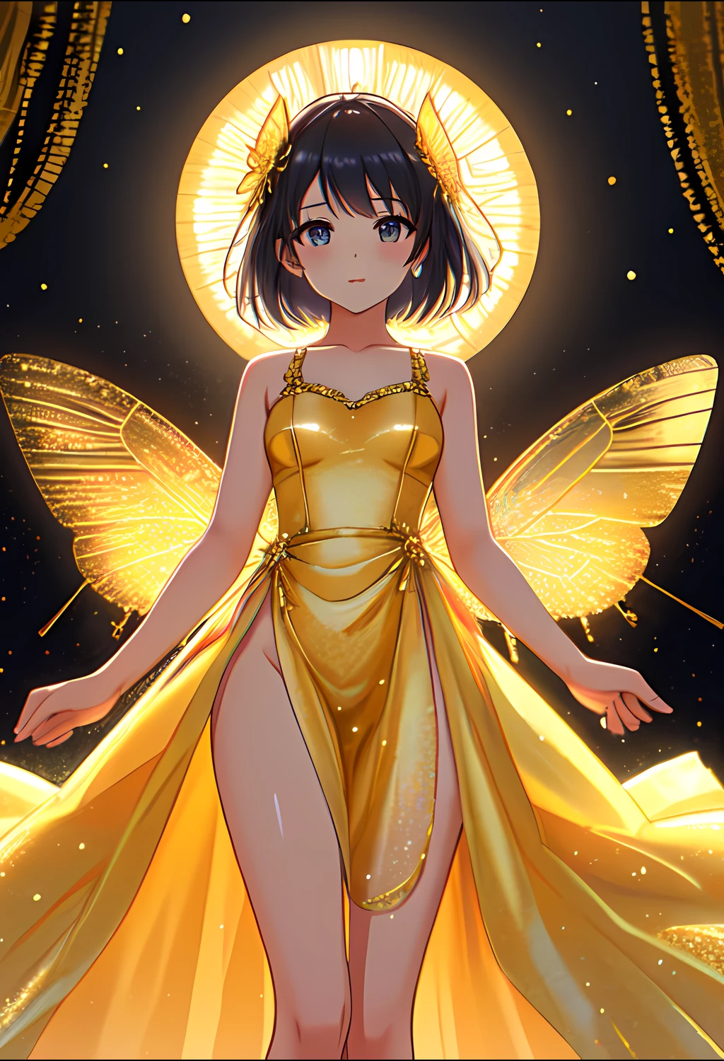 solo, girl, looking at viewer, half body, view from knees up, standing, standing straight, girl in full view, best quality, masterpiece, close up, small breasts, butterfly, gold dress, long dress, gown, hands behind back, hands hidden, <lora:Butterfly_clothing:1>