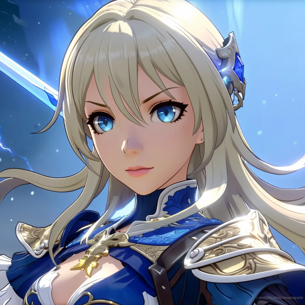 For a game-style image, imagine Saber from the Fate series, poised elegantly with her iconic armor. She's wearing a shining silver breastplate with intricate blue inlays that glow subtly. Her skirt is a flowing, deep blue, resembling the night sky, complemented by white, billowing fabric beneath. Her hair is a striking shade of blonde, styled neatly, with a few strands elegantly framing her determined, yet serene face. Her eyes are a bright, piercing blue, conveying a sense of noble purpose. In her hand, she gracefully holds her legendary sword, Excalibur, which emits a faint, mystical light. The background is a blurred battlefield, emphasizing her as a heroic figure in this stylized, video game-like portrayal,<lora:railgameplay_ult3:0.7>,starrailult