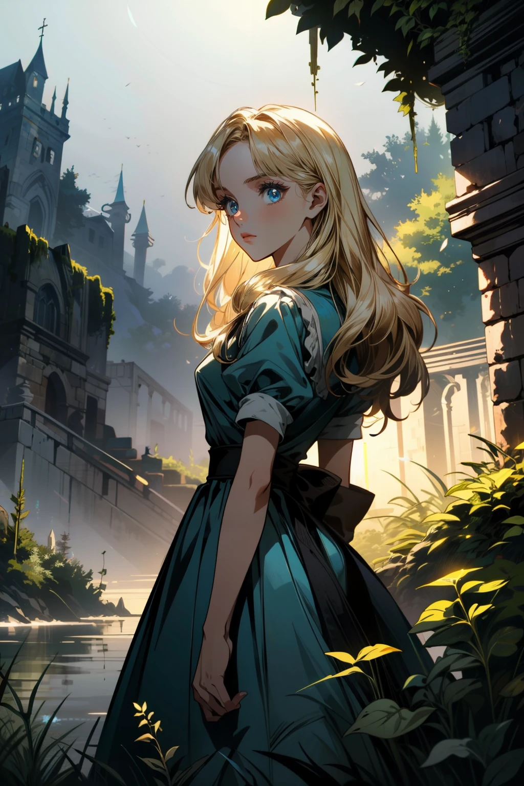 ((ultra detailed, masterpiece, best quality))
<lora:DisneyAlice:0.9>
DisneyAlice, 1girl, solo, long hair, blonde hair, blue eyes, Ancient stone statues of mythical creatures covered in moss and ivy, bathed in the eerie light of a full moon, creating a haunting and mysterious atmosphere