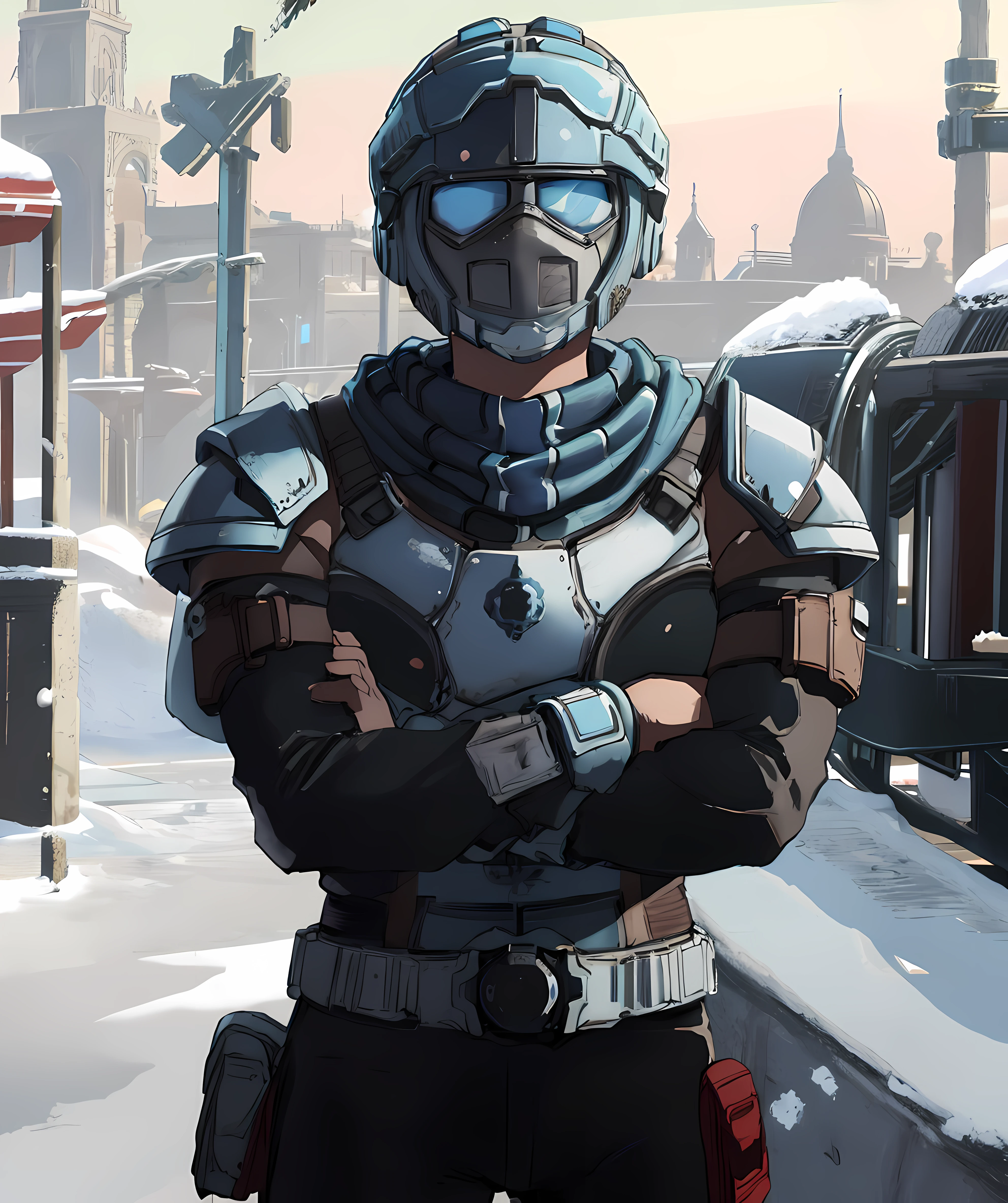 ben_carmine <lora:Ben_Carmine:0.85> standing, winter, snow, helmet, blue scarf, crossed arms