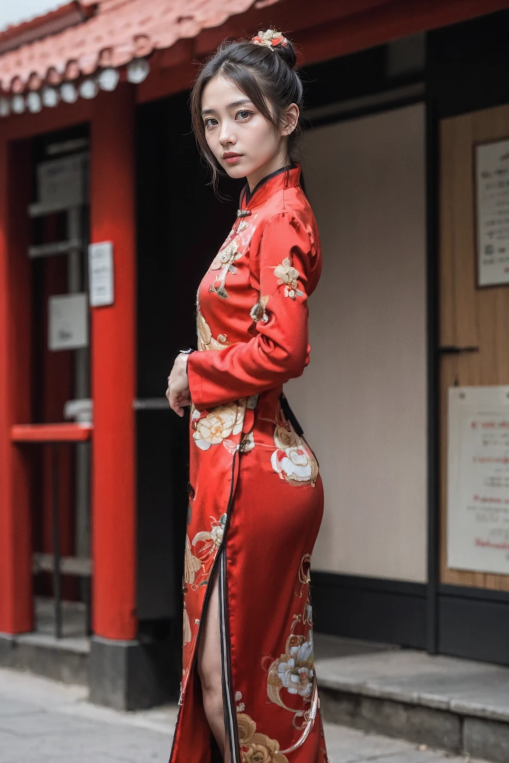 (best quality:1.4),(masterpiece:1.4),(photorealistic:1.4),(Realistic:1.2),(ultra high res, raw photo:1.4),(hdr, hyperdetailed:1.2),(8K:1.2),cinematic photo 1girl,<lora:AgainMix_ChineseNewYearSkirt2:1>,chinese clothes,red hanfu,from side,chinese style architecture,