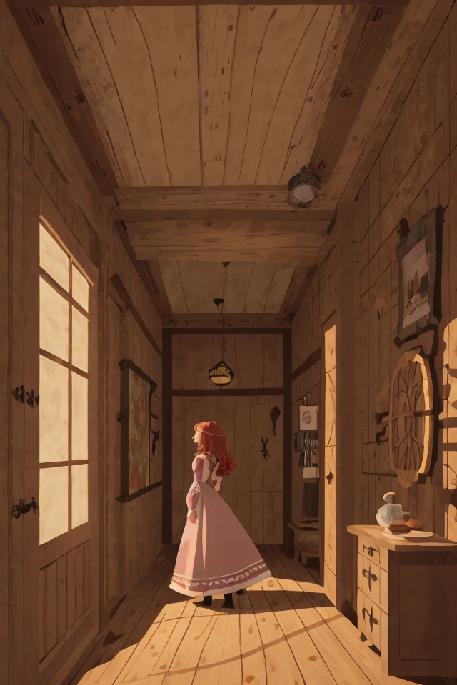 <lora:TangledAdventure:1> woman with red hair, wearing a dress, indoors, wooden walls, cottage interior