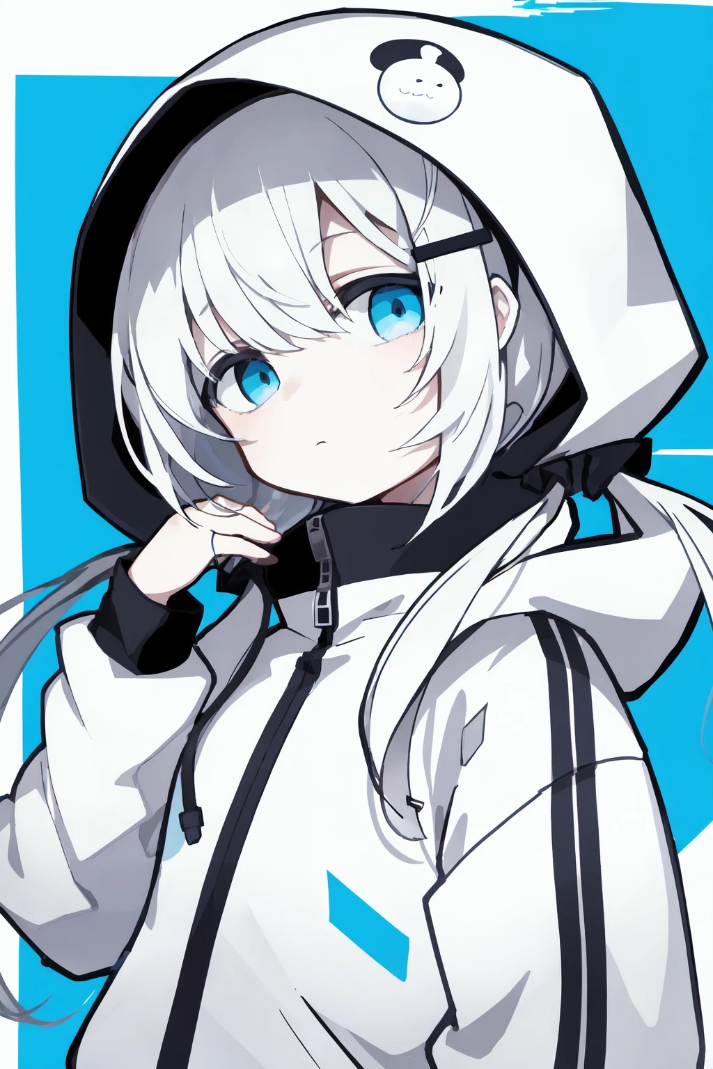 1girl, solo, blue eyes, hood, white hair, hood up, looking at viewer, upper body, twintails, jacket, white jacket, long sleeves, bangs, hair ornament, expressionless, low twintails, hooded jacket, long hair, closed mouth, hand up, blue background, abstract background, chibi, so-style