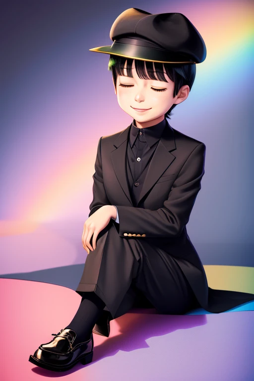 1girl, rainbowï¼multiple boys, brothers, siblings, hat, black hair, matsuno osomatsu, smile, formal, matsuno choromatsu, sitting, suit, matsuno todomatsu, matsuno jyushimatsu, closed eyes, pointing, matsuno karamatsu <lora:Rainbow:1>