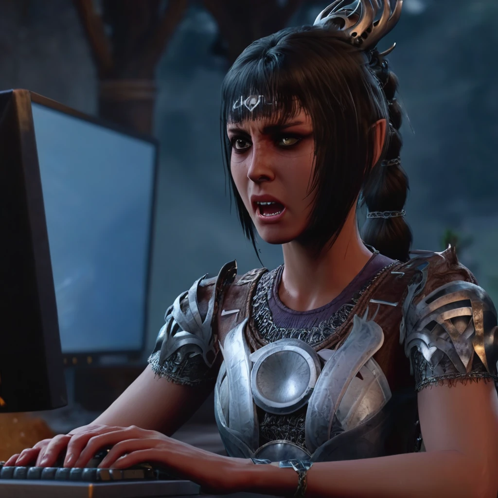shadowheart typing an angry comment on a desktop pc <lora:shadowheart:1>